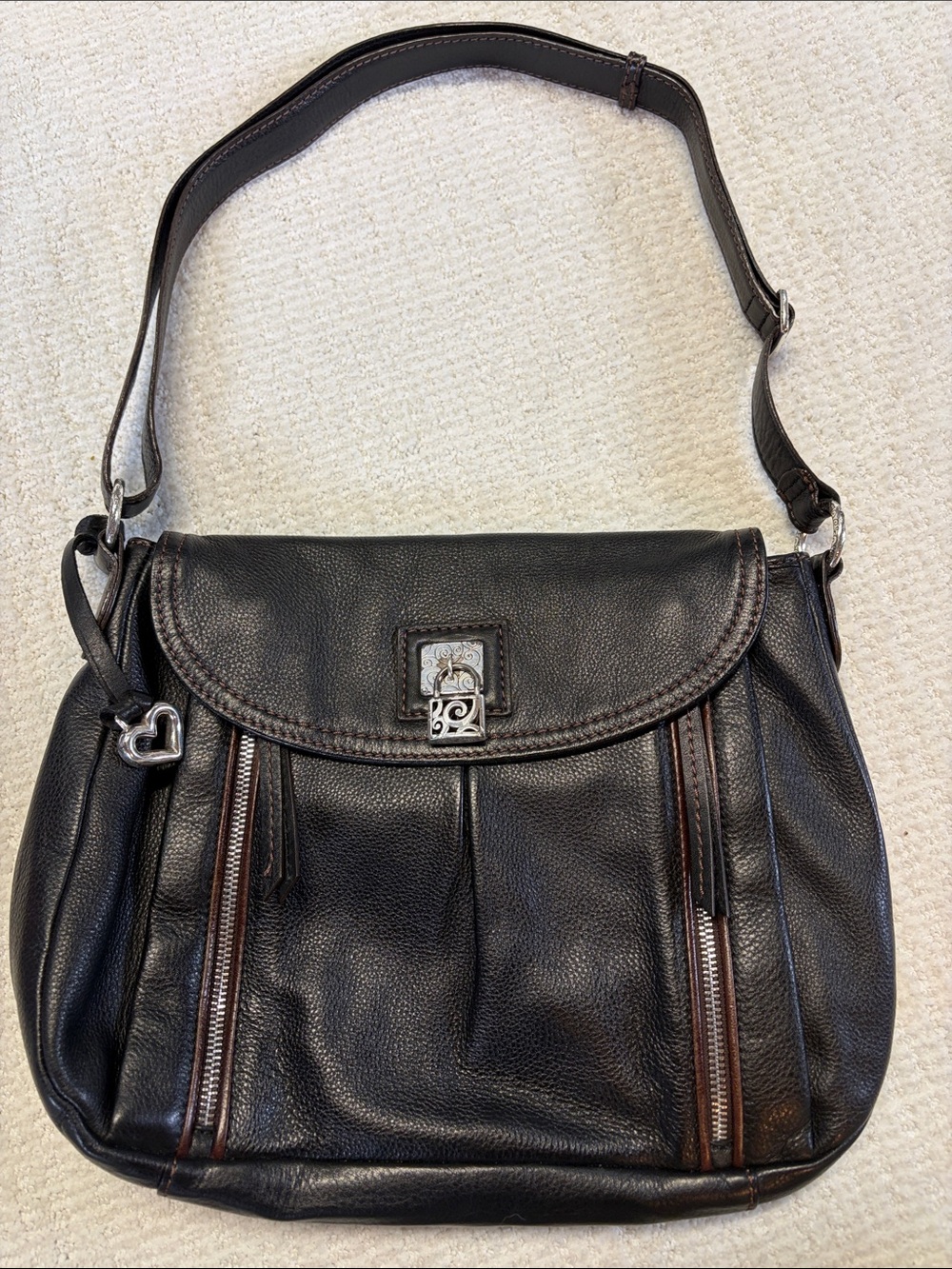 Brighton Black Leather Shoulder Bag Heart Charm Zip Pocket Hobo